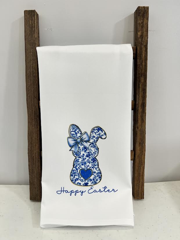 Happy Easter Blue Floral Chinoiserie Hand Towel