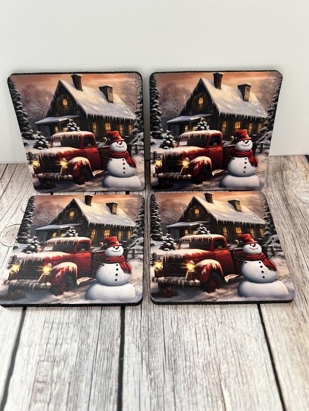 Red Truck w/snowman House Coasters