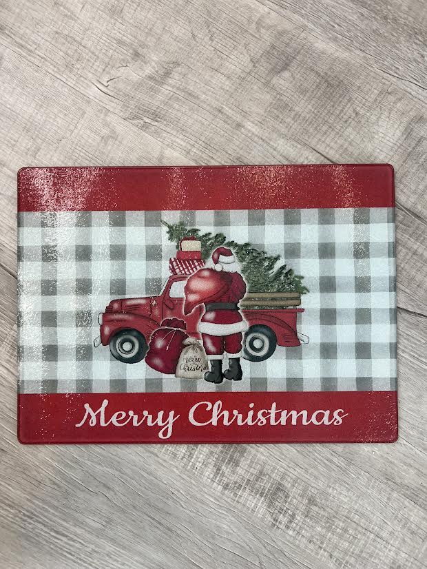 Santa w/ Red Truck Glass Cutting Board