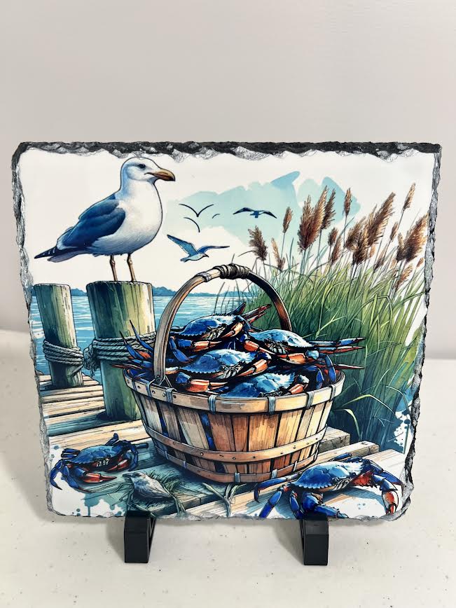 Sea Gull w/bucket of Crabs Rock Slate