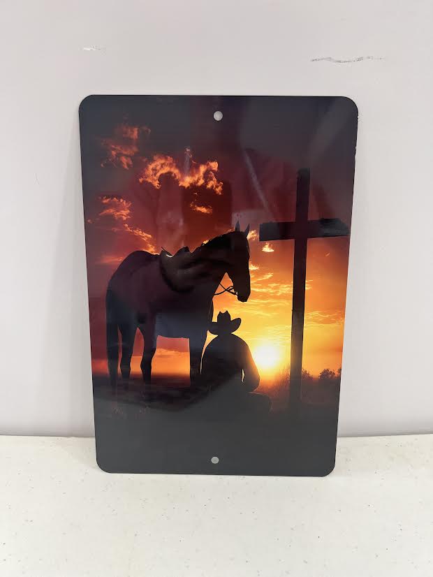 Cowboy with Cross and Sunset Metal Sign