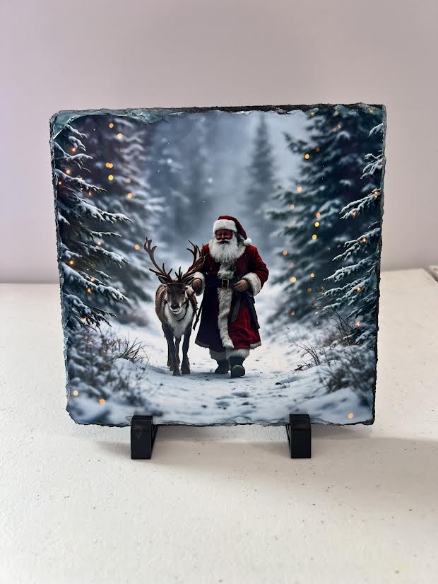 Santa with Reindeer in Snow Rock Slate