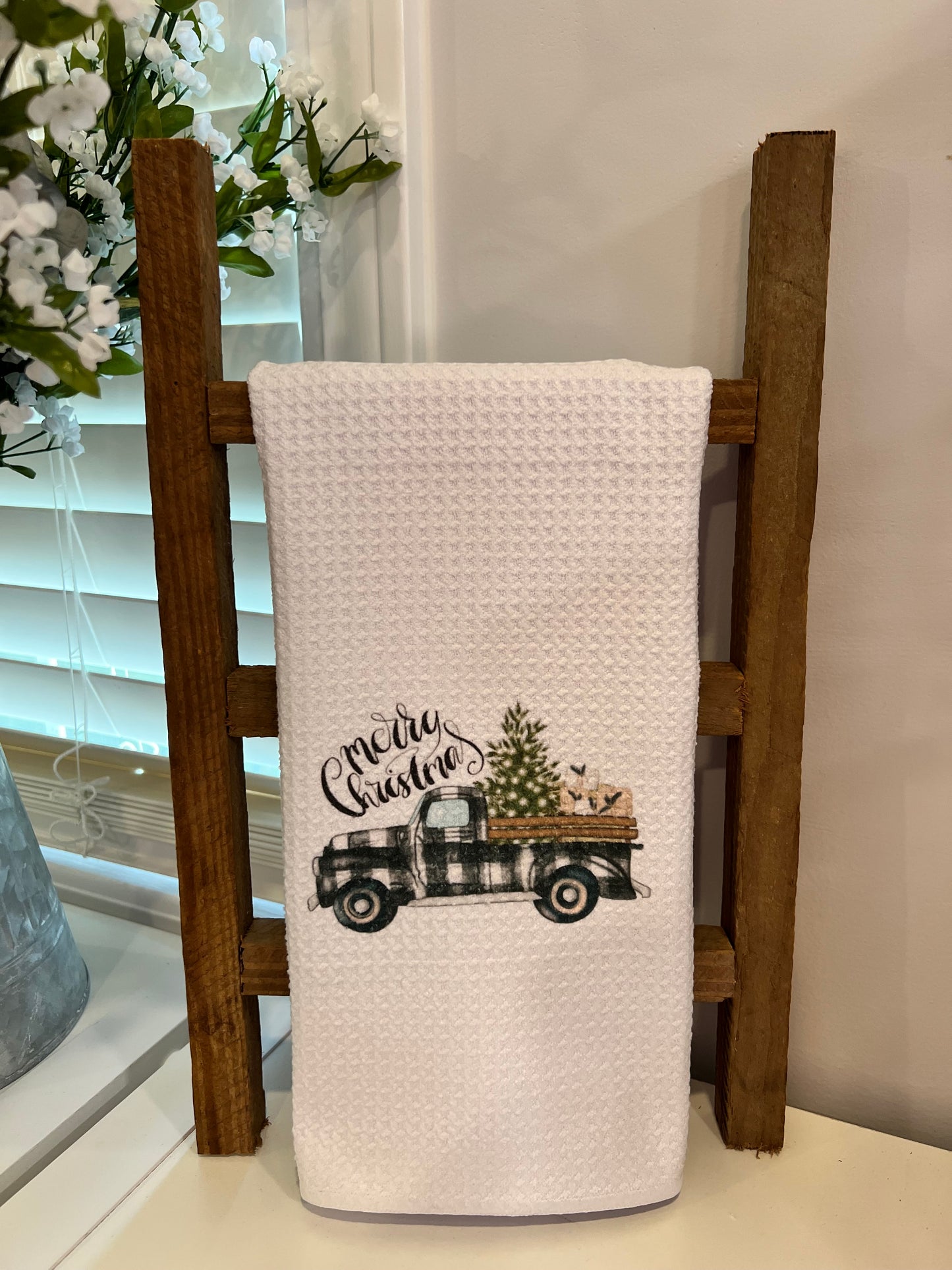 Merry Christmas, Black & White Truck Hand Towel