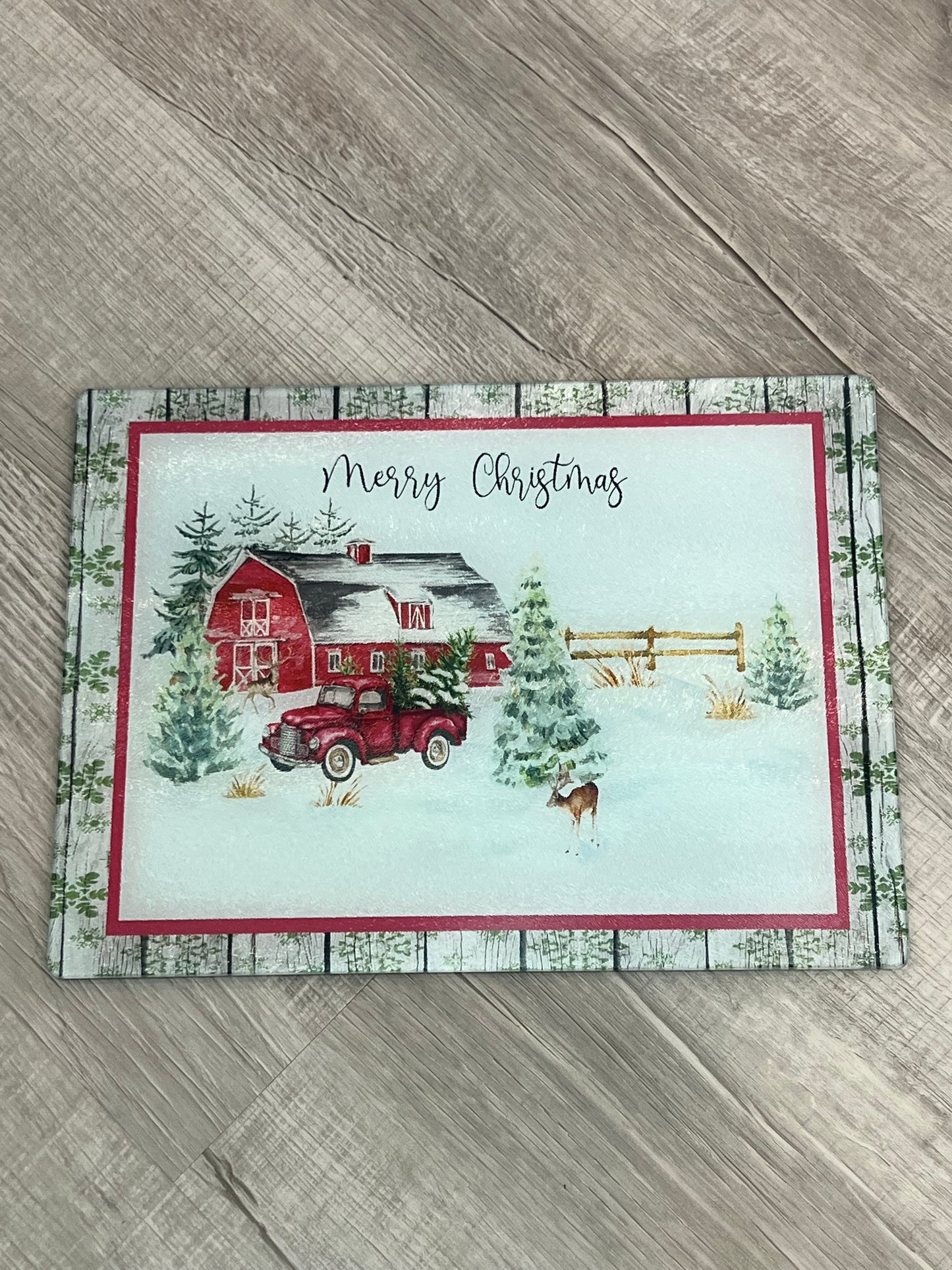 Merry Christmas Barn w/ red truck Cutting Board