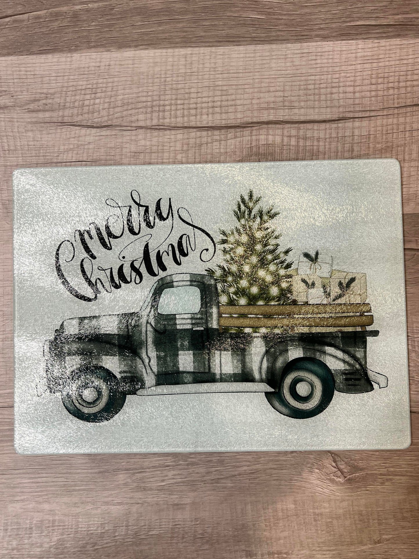 Merry Christmas w/ Black/White Truck Cutting Board