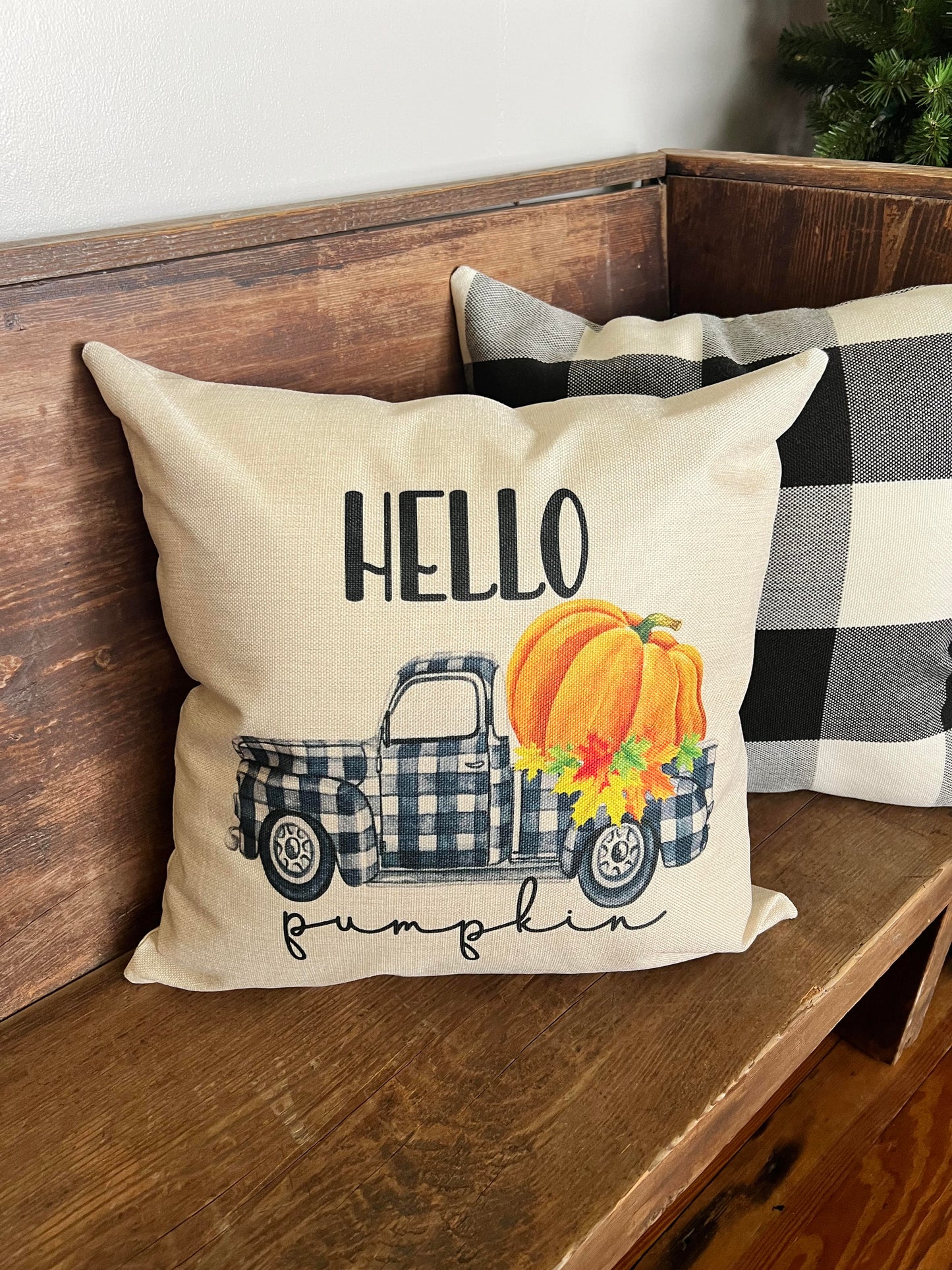 Hello Pumpkin Buffalo Plaid Truck Pillow Cover