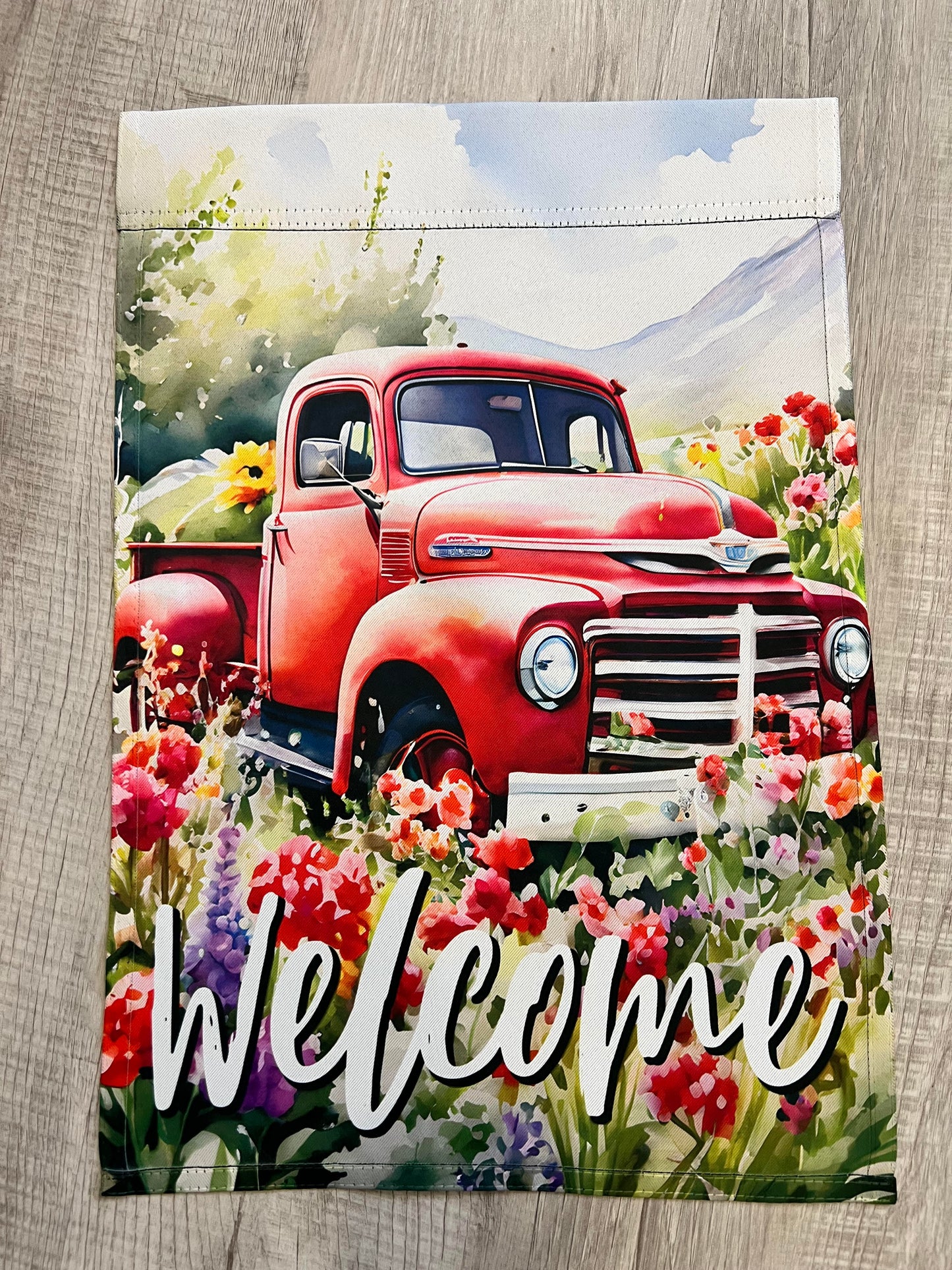 Welcome with Red Truck Spring Garden Flag