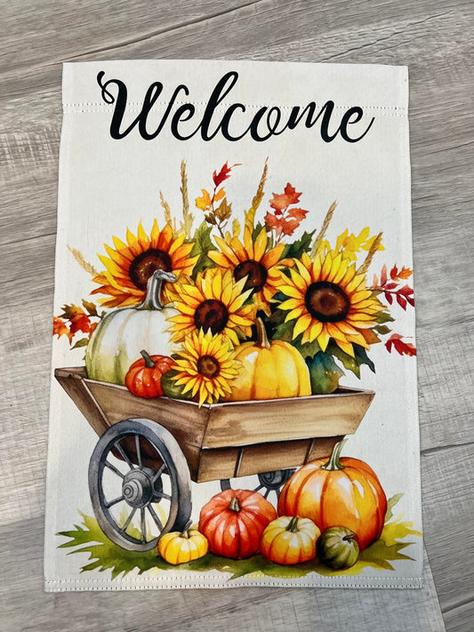 Wagon w/ sunflowers & pumpkin Welcome Flag