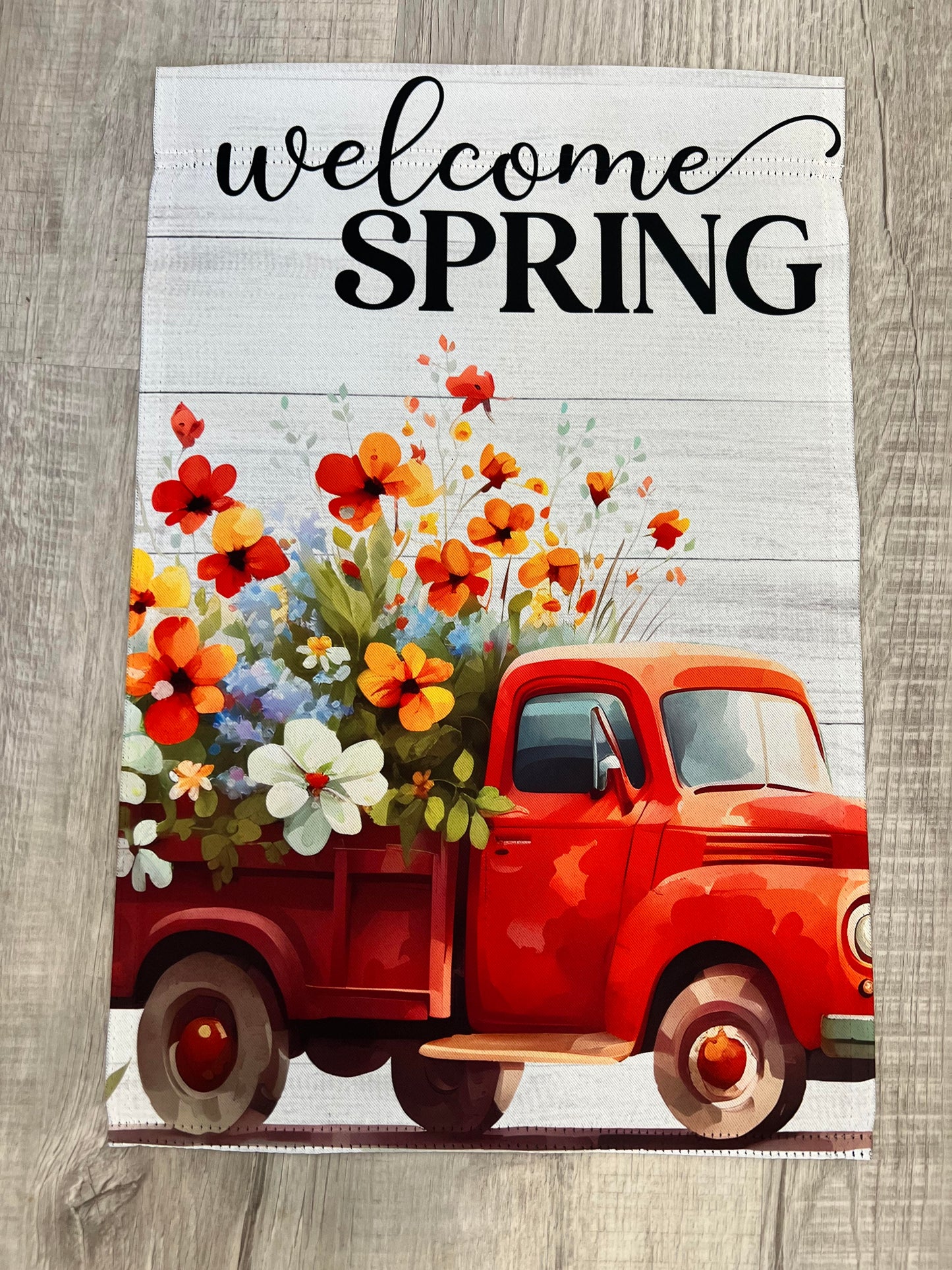 Welcome Spring w/red truck and flowers Garden Flag