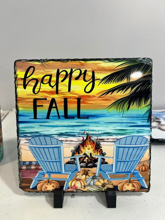 Happy Fall Beach scene Rock Slate