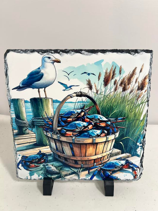 Sea Gull w/bucket of Crabs Rock Slate