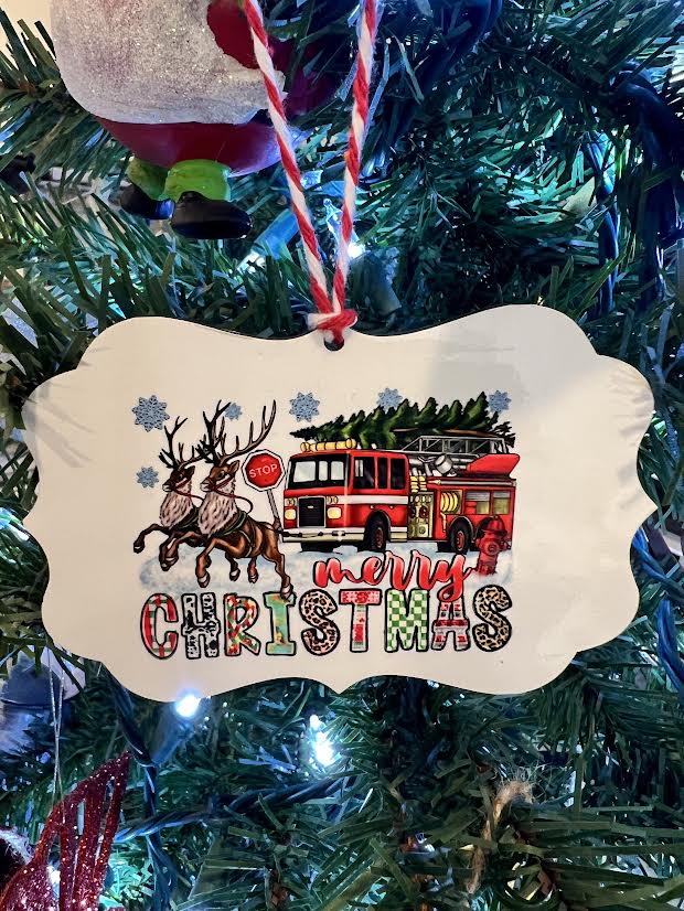 Fire Truck Merry Christmas Ornament