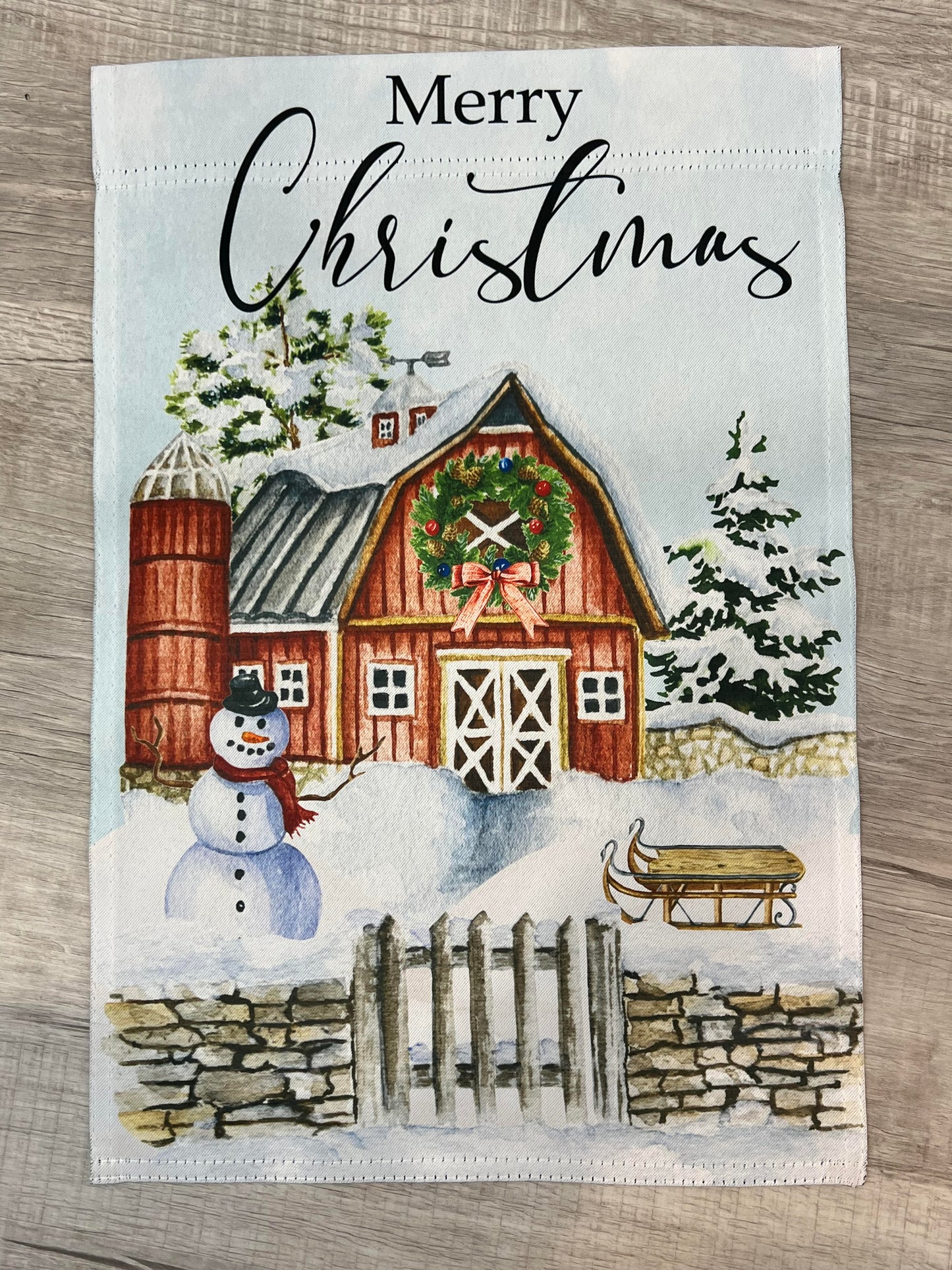 Merry Christmas Red Barn Garden Flag