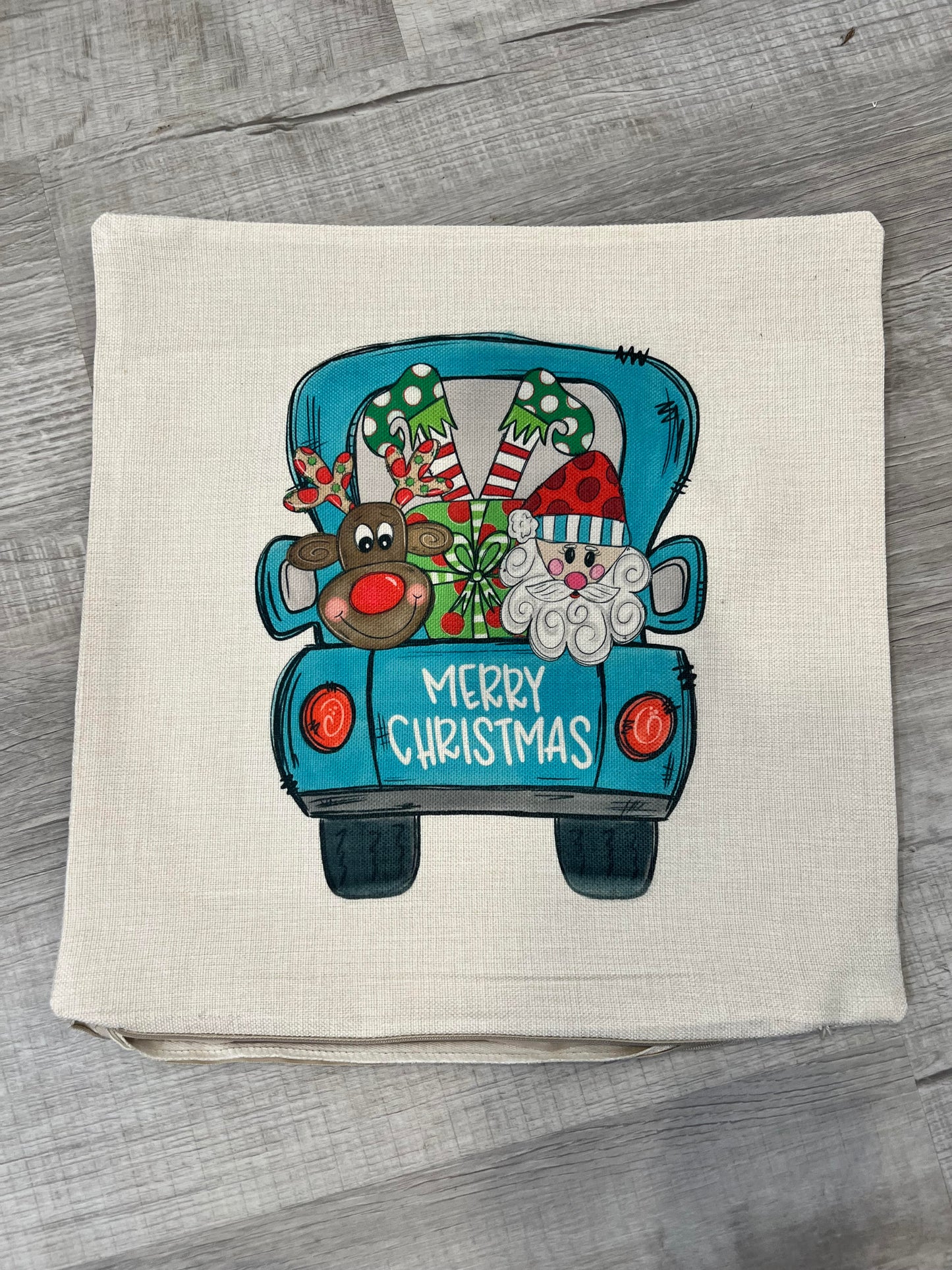 Merry Christmas Blue Truck Pillow Cover